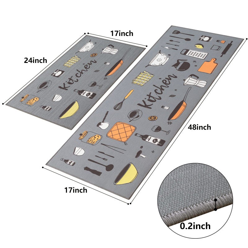 Carvapet 2-Piece Kitchen Rug Set â€“ Grey Non Slip Floor Mats with TPR Backing for Kitchen Doorway Bathroom, Washable Runner and Doormat 17"x48"+17"x24" - Image 2